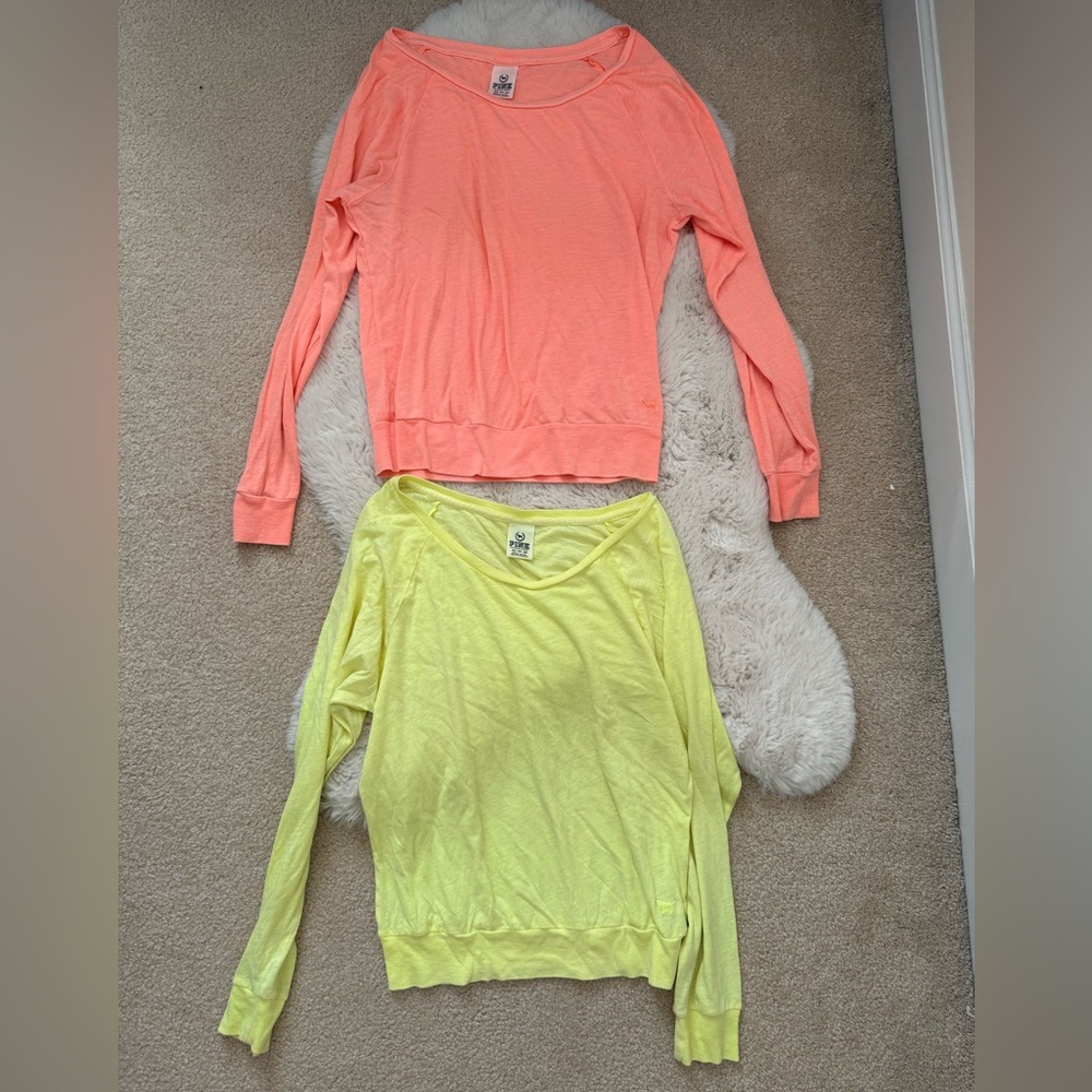 PINK Victoria's Secret Coral and Yellow Long Sleeve Tees